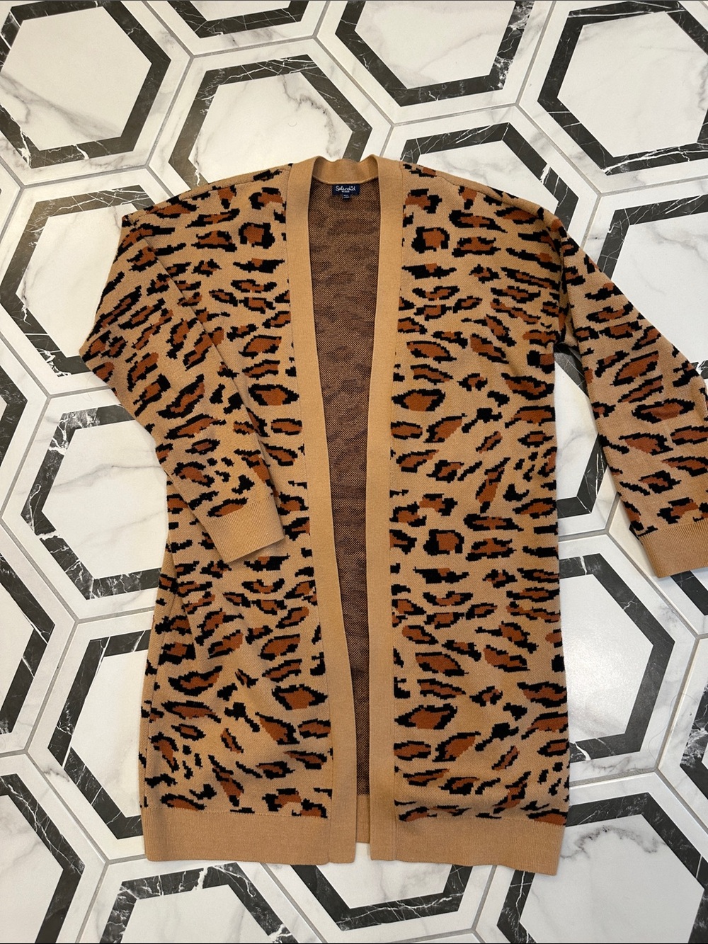 Splendid Tan and Black Leopard Print Open-Front Cardigan